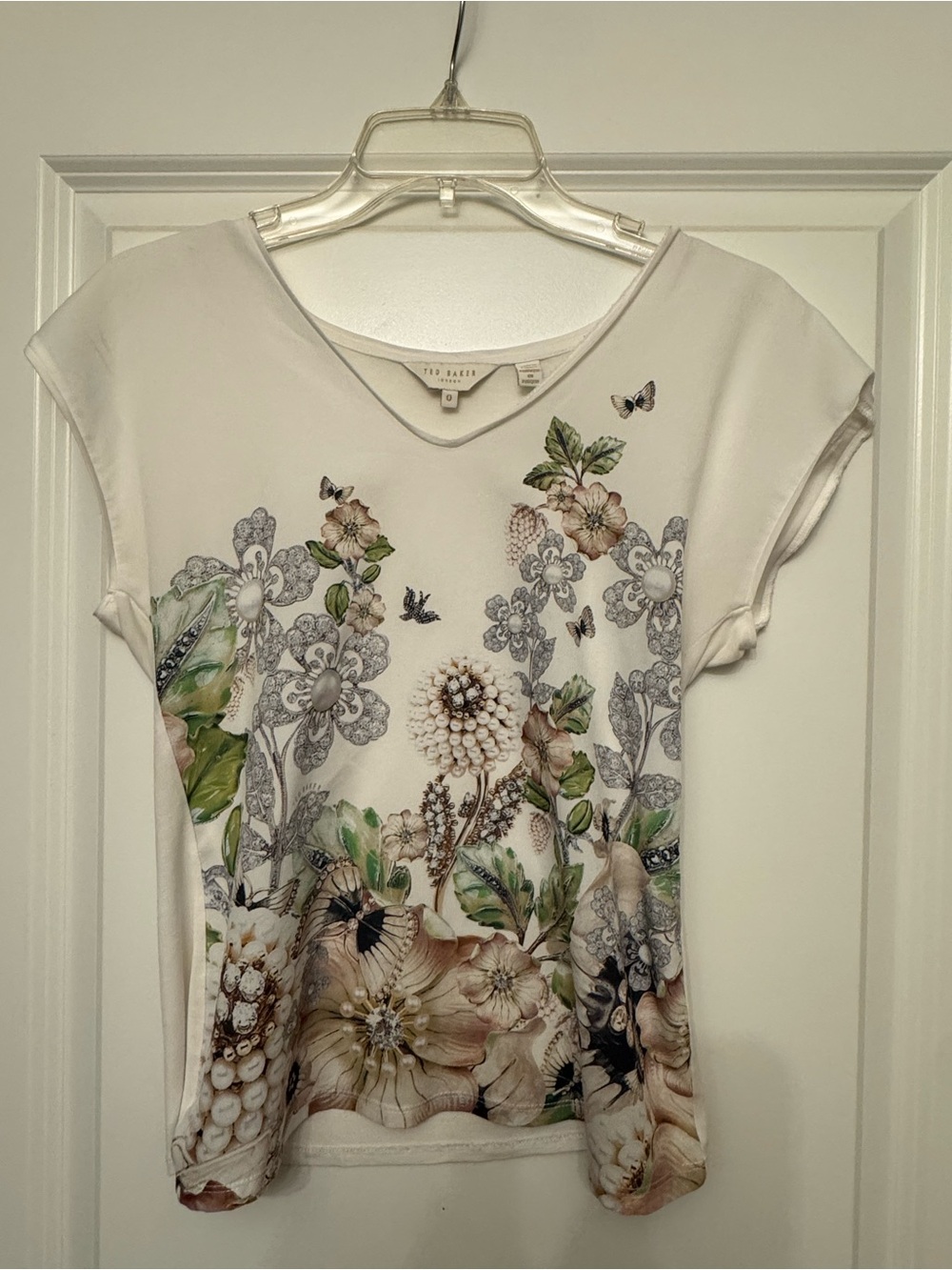 Ted Baker Cream Floral & Butterfly V-Neck Short Sleeve Top